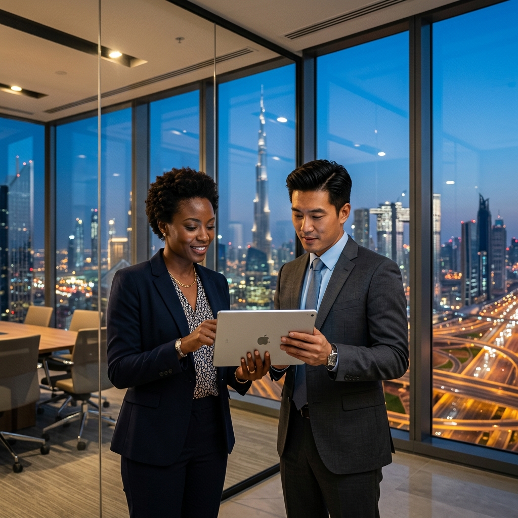Global professionals discussing strategy over a cityscape